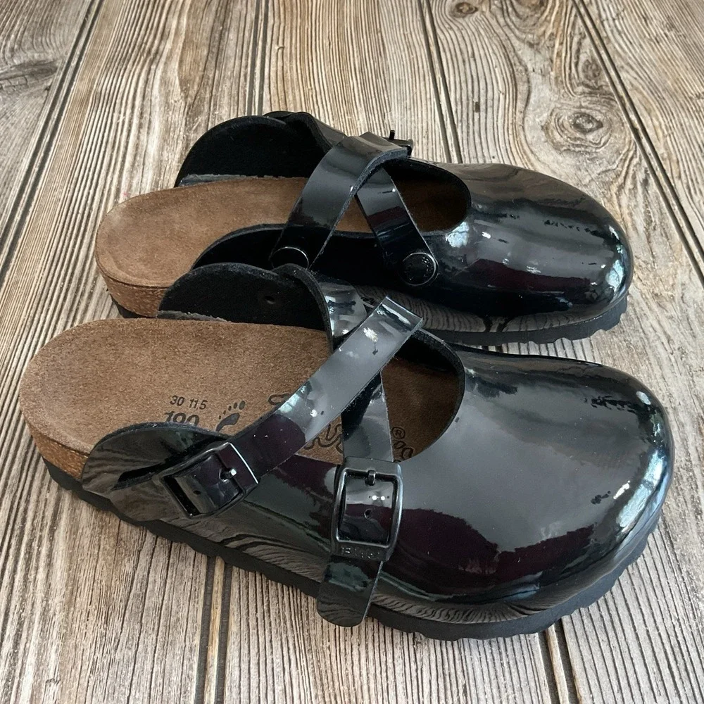 Birkenstock Birki's Boston Slide Patent Black Leather Clogs Kids Girls Size C12